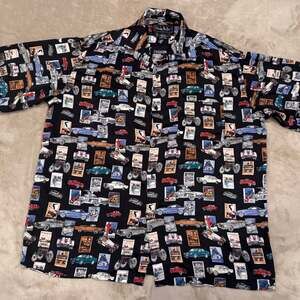 Vintage Nicole Miller Silk All Over Print Postage Stamp Button Up  LARGE